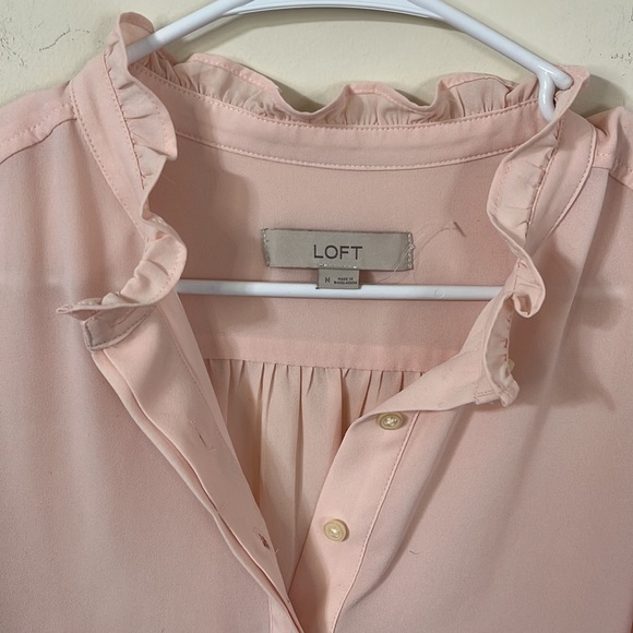LOFT Ruffle Neck Smocked Cuffs Pale Pink Semi Sheer Blouse M - Picture 6 of 8